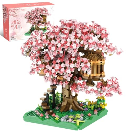Tirff Kirschblüte Baumhaus, Sakura Bonsai Baum Bausatz, 12580 Klemmbausteine Sakura Baumhaus Modellsets für Erwachsene, DIY Kreatives Botanik Kollektion Deko Geschenk Nicht Kompatibel mit Lgo (Rosa)