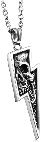 GTHIC Herren-Edelstahl-Retro-Totenkopf-Anhänger-Halskette mit Blitz-Biker-Schmuck, 60 cm lange silberne Halskette