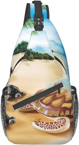 KWQDOZF Sling-Rucksack Umhängetasche Brusttaschen Schildkröten am Strand bedruckte Sling-Tasche für Reisen Sport