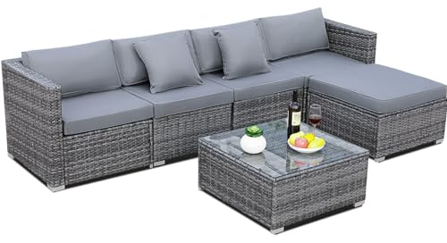 LIFERUN Polyrattan Gartenmöbel Set 6-teilig, Wetterfest Balkonmöbel Set bis 6 Personen, Außen Terrassenmöbel inkl. Rattansessel Couchtisch, Lounge Set Sitzgruppe für Garten, Terrasse und Balkon,Grau