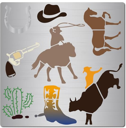 GORGECRAFT Cowboy-Schablone, Westernstiefel, wiederverwendbar, Hut, Hufeisen, Kaktus, Kuh, Metall, Edelstahl, Schablone zum Malen auf Holzverbrennung, Wandstoff, Scrapbooking, Gravur, Brandmalerei,