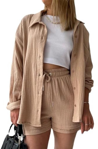 MSIYOW Damen Zweiteiler Sommer Musselin Bluse Hemd und Hosen Shorts Loungewear Damen Set Travel Outfit Elegant (M, Khaki)