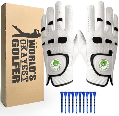 VEASAERS Weathersof Grip Herren-Golfhandschuh, linke Hand, rechts, 1 Paar mit 2 Ballmarkern, 10 Tees, weiche, bequeme Geschenkbox für Vater, 1 Paar, Weiß, Größe M