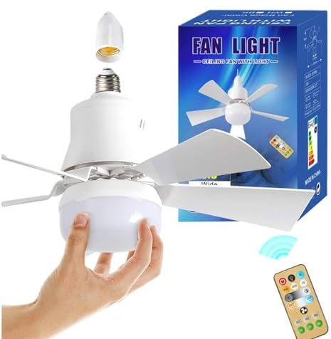 BatwhO Plug in Ceiling Fan with Lights and Remote, 30W E27 Bulb Fan, 3-Color Dimmable Lighting, Timing Function, Perfect for Bedroom, Living Room, Dining Room, 15.75 inches (length only), White