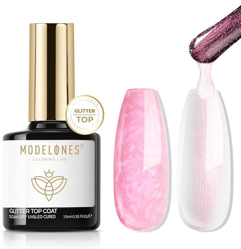 Modelones Glitter Gel Top Coat, 2 in 1 Pearl Gel Nail Polish Clear Glitter Glossy Sparkle Finish Long Lasting Soak Off Mermaid Shimmer Pearlescent Glitter Gel Polish Nail Art Home DIY, 10 ML