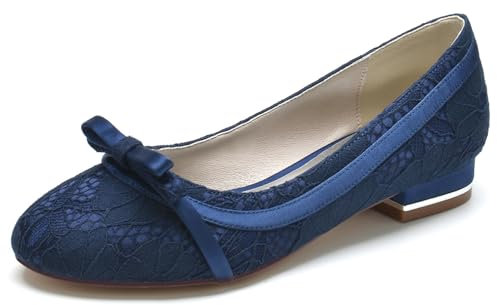 smlekwc Women's Lace Flat Dress Wedding Shoes for Bride Slip on Closed Toe Pumps with Satin Bow Ballet Ballerinas Shoes,Navy,3 UK
