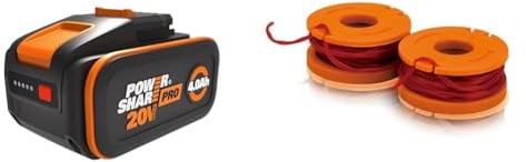 WORX - Batterie Powershare Pro au Lithium-ION 20V - 4Ah - WA3644 & Lot de 2 Bobines de Fil - Coupe de 3m - Compatible avec Les Débroussailleuses