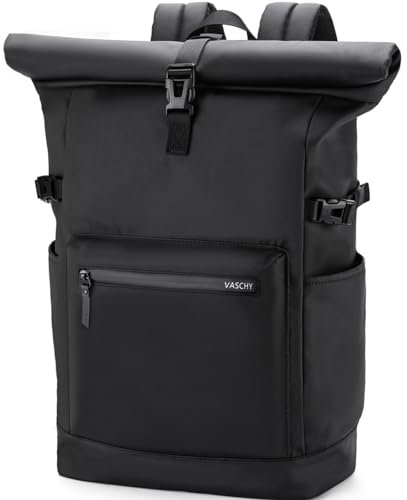 VASCHY Roll Top Travel Backpack for Men, Water Resistant Expandable Large Carry-on Casual Daypack for Work Business Hiking College Black