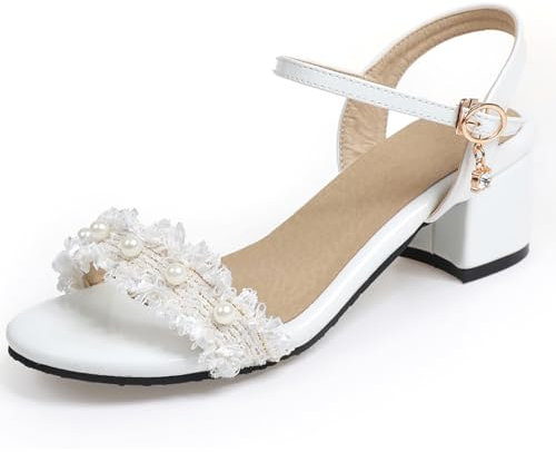 OALEEN Sandales Femme Eté Petit Talon Carré Bride Cheville Perles Vernis Bout Ouvert Confortable Chaussures Soirée Mariage Blanche 41