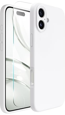 ACRONIX Compatible with iPhone 16 Case 6.1, with 1 x Screen Protector, Liquid Silicone Case Comprehensive Protection Cover Slim Shockproof Gel Rubber Phone Case for iPhone 16 6.1inch-White
