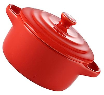 TOPBATHY 230Ml Microwave Baking Bowl with Lid - Ceramic Double Handle Stew Bowl for Soup Casseroles and Storage - Red Color