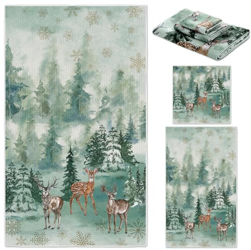 Preboun 3-teiliges Aquarell-Badezimmerhandtuch-Set, Weihnachtshandtücher für Badezimmer, Weihnachtsbäume, Badetücher, Schneeflocken, Geschirrtücher, Rentier, Waschlappen für Badezimmer, Küche, Hotel,
