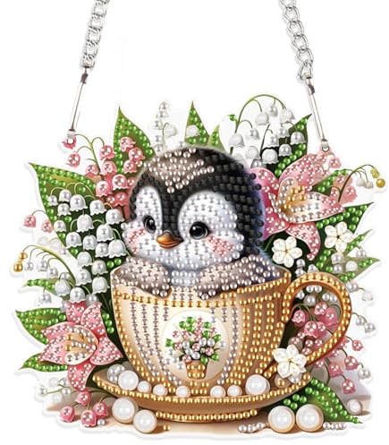 DCIDBEI Diamond Painting Hängen Ornamente Tiere Pinguin in Tasse 15x15cm | Diamond Painting Schilder Diamant Malerei Anhänger Pendant Plakette Haustürschild Wandschild Dekoschild Anfänger Windspiele