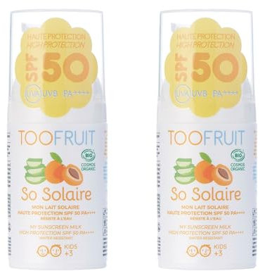 TOOFRUIT Sonnenmilch LSF 50+ für Kinder ab 3 J., 2×30 ml, mineralisch, wasserfest, ohne chemische Filter, dermatologisch getestet, sanft, natürliche Inhaltsstoffe, vegan & Made in France