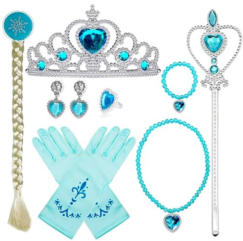 NINGESHOP Prinzessin Kostüme Zubehör, 10 Stück Mädchen Dress up Zubehör mit Elsa Handschuhe,Krone,Zauberstab,Ring,Halsketten Set für Weihnachten Verkleidung Cosplay Karneval Halloween Geburtstag