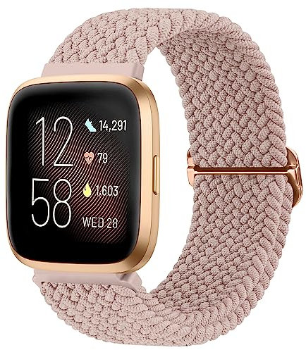 Mugust Armband für Fitbit Versa 2 Armband für Damen Herren, Weiches Verstellbares Geflochtenes Ersatzarmband, Elastisches Nylon Armband für Fitbit Versa/Versa Lite/Versa SE Armband (Rosa)