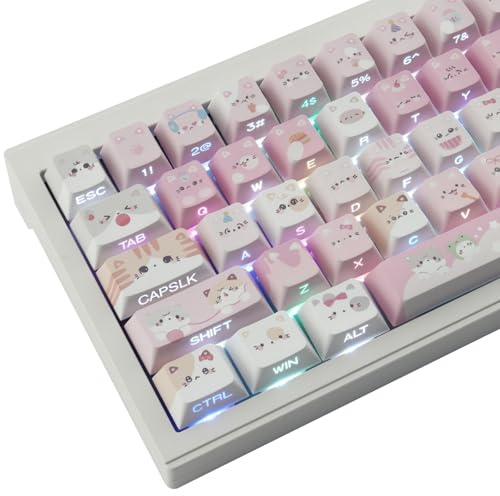 TYRIXKI PBT-Tastenkappen, seitlich bedrucktes Tastenkappen-Set, 136 Tasten glänzen durch Meow Meow Squad, benutzerdefinierte Cat-Tastenkappen, Kirschprofil-Tastenkappen für Cherry MX-Schalter,