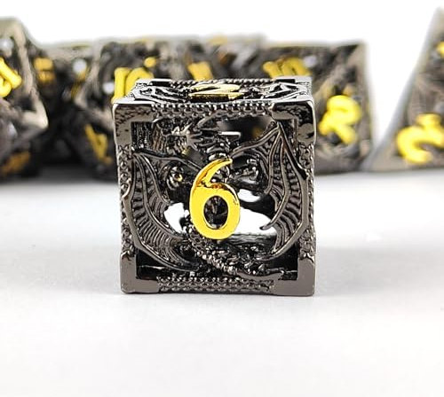 Hohler Drachen-Metallwürfel, einzigartiges Dungeons and Dragons, polyedrisches Würfel-Set für D&D, TRPG, MTG, Pathfinder, Tischbrett-Rollenspiele, D4, D6, D8, D10, D%, D12, D20 (Schwarz und Gold)