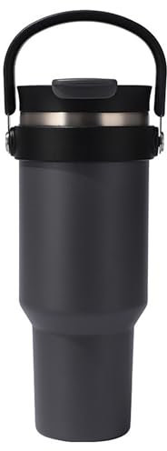 Oyadomi Thermobecher mit Strohhalm und Henkel 1.2L Trinkflasche Edelstahl Thermosflasche BPA Frei Trinkbecher Auslaufsicherer Kaffeebecher to Go, Dunkelgrau, 1200 ml