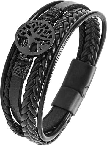 JUZICHEN Bracelet Homme, Bracelet cuir pour hommes, Bracelets Croix Vie Viking Arbre De Vie, Brun Noire Bracelets crucifixion Homme (Style B, Noir)