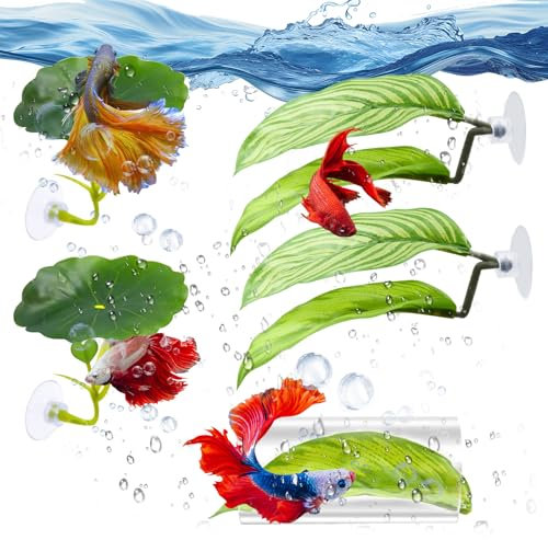 HINGTAI Lot de 5 Jouets pour Aquarium Betta Hamac en Plastique avec Plantes et Feuilles en Acrylique, Tunnel pour Aquarium, cachette pour avec ventouses de Rechange pour Dormir, se Reposer et