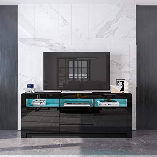 Buffet moderne noir brillant avec lumières LED, 2 portes, 3 tiroirs, 3 étagères ouvertes, cuisine, salon, salle à manger, couloir, meuble de rangement 160 x 35 x 72 cm