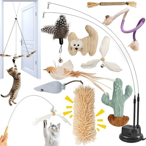 REDKNOT 14 Stück Katzen Spielzeug 2 Katzenangel mit Saugnapf Interaktives Katzenspielzeug Katzenspielzeug Selbstbeschäftigung mit Maus, Vogelsimulation, Federn für Mehrkatzenhaushalte