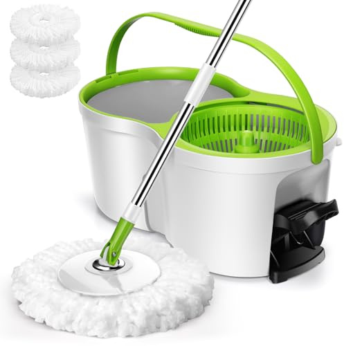 Eukue Wischmopp Set mit Eimer, 2 In 1 Putzeimer mit Wischmop, Wischer mit Auswringfunktion und Pedal, mit Einstellbare Edelstahlstange und 3 Mikrofaser Wischpads, Bodenwischer Set für Bodenreinigung