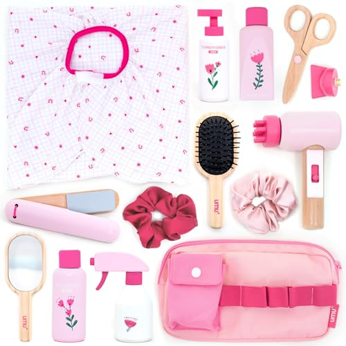 UMU Set parrucchiere in legno per bambini – 17 pezzi parrucchiere giocattolo per ragazze con asciugacapelli, piastra lisciante, pettine e specchio, gioco di ruolo parrucchiere dai 3 4 5 6 anni in su