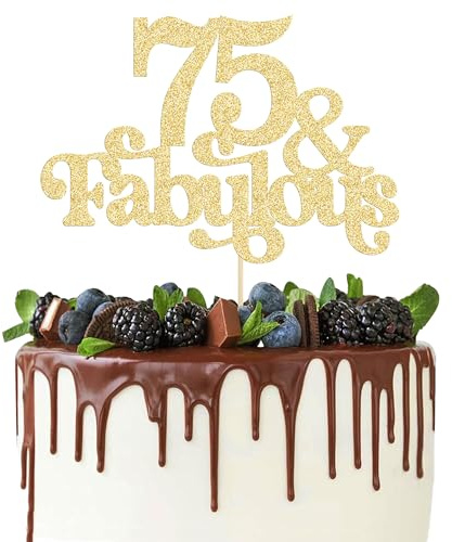 Ephlyn 1Pc 75 & Fabulous Cake Topper Glitter Seventy Five and Fabulous Cake Toppers Happy 75th Birthday Cake Pick for 75th Wedding Anniversary Birthday Party Decorations Supplies Gold