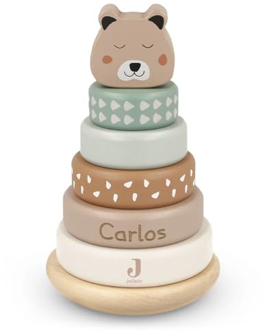 GRAVURZEILE Gravierter Jollein Stapelturm - Jungle Jambo - Personalisiert mit Name - Stapelringe Kinder Spielzeug aus Holz - Tierkopf mit Wackelturm & 5 Ringen aus Holz - Geschenk für Jungen & Mädchen
