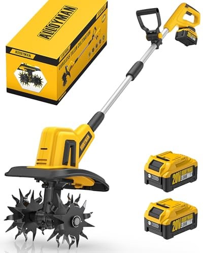 Alloyman Motozappa elettrica da 20V MAX, fresa da giardino, batteria da 360 giri/min, con 2 batterie da 4,0 Ah e caricabatterie, larghezza di lavoro 23 cm, profondità 17 cm, Motozappa per terreni