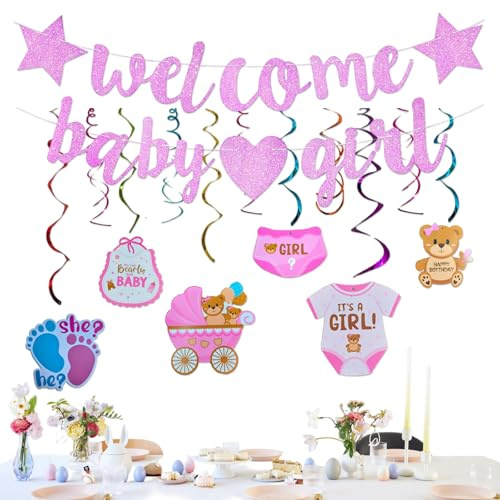 Decorazioni Nascita Bambina Set 7 Pezzi Benvenuto a casa Neonato Rosa Glitter Banner e Pendenti Spirale per Festa Baby Shower Ragazza cameretta casa Evento Fotografico
