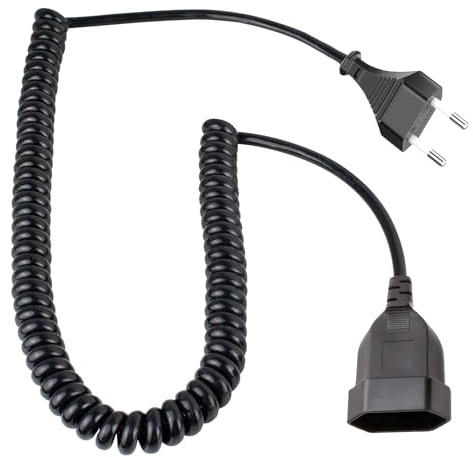 Prolunga a spirale, 1,5 m, spina europea, spina piatta a spirale, cavo di alimentazione a 2 fili, cavo di prolunga per TV, console di gioco, elettrodomestici, ufficio, esterni (nero)
