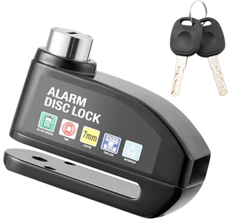 Disc Lock with Alarm, Bike Motorbike Lock, Anti-Theft Security Lock for Bicycle, Electric Bike, Scooter, 110dB Loud Alarm, Waterproof, Reminder Cable Included (Black)
