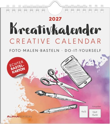 Kreativkalender S weiß 2027: Bastelkalender 16x17 cm mit weißem Hintergrund, echtem Bastelkarton und gestaltbarem Titelblatt