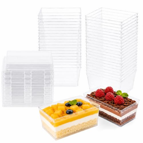 Forhandy 60 Stück Dessertgläser Plastik, 160ml Dessertbecher Hartplastik | Dessertschalen mit Deckel, Wiederverwendbar Dessertgläser Rechteckige für Desserts Pudding Tiramisu Mousse