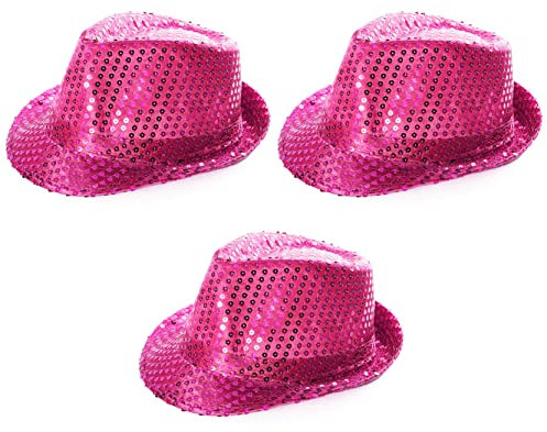 Lot de 3 chapeaux trilby roses à paillettes - Chapeau Fedora des années 1920 - Accessoire unisexe - Parfait pour les événements sportifs, spectacles de danse, fêtes et événements déguisés
