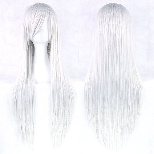 Fouriding 31 Silver White Women's Long Straight Cosplay Party Wigs Hairpieces Hair Cap Lolita Style Anime Wig