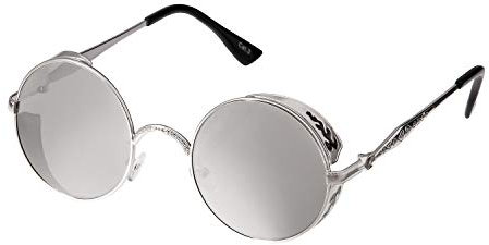 Ultra Steampunk Round Sunglasses Silver with Mirrored Lenses Retro Mens Women Cosplay Cyber Gothic Vintage UV400 Protection Goggles Blinders Unisex
