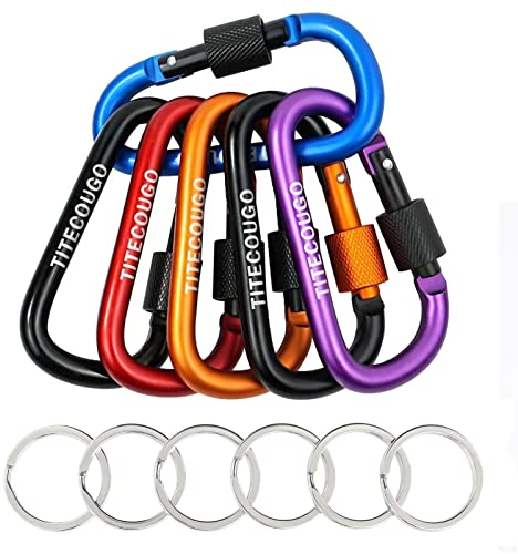 TITECOUGO Carabiner Clip Key Chain Small Aluminum Alloy D-Ring High Strength Hook Mini Carabena D Keyring large for Camping Hiking (Not for Climbing) 6 Colour A