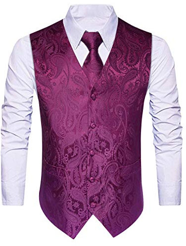 HISDERN Gilet da uomo Paisley floreale jacquard floreale cravatta tasca quadrata fazzoletto vestito set Viola