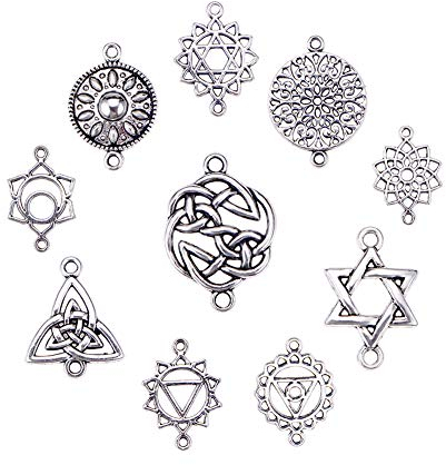 Pandahall Elite 80pcs 10 Style Connector Charms Perlen tibetischen keltischen Knoten Herz Charms Anhänger Perlen Connector für DIY Ohrringe Halskette Armband machen, Antik Silber