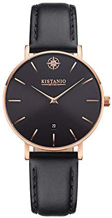 Kistanio Damenuhr Petit Rose Edelstahl Saphirglas mit schwarzem Lederband RG-BLKS-L-BLK