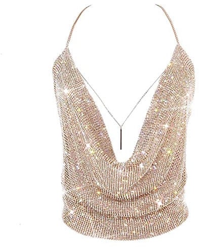 Sparkly Sexy Tops for Women Gold Deep V Neck Crop Rhinestone Tank Tops Cami Metal Mesh Body Chain Top