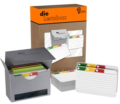 Clever Gadgets Die Lernbox | 300 fichas con inteligente sistema de aprendizaje de 3 niveles y caja robusta de fichas | Formato ideal entre A7 y A8 | 190 g | rayas por ambos lados | esquinas