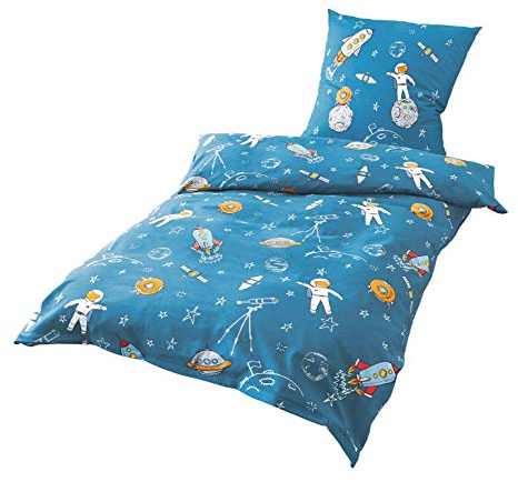 JACK by Bierbaum Kinder Renforcé - Linon Bettwäsche 2 TLG. 135x200cm Astronaut Weltall Sterne Mond Rakete Raumschiff