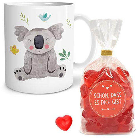 OWLBOOK® Geschenke für Kinder Safari Koala Bär Kinder Tasse mit Fruchtgummiherzen Geschenke Geschenkideen für Mädchen zum Geburtstag Einschulung Kindertasse Trinkbecher Keramik 300 ml