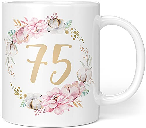 Geschenk Tasse Geburtstag 75 Frau - Geschenkideen zum 75 Geburtstag - Geburtstagsgeschenk für Frauen Blumen - 330ml