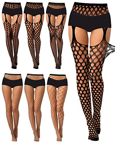 Geyoga 6 Pairs Women Fishnet Stockings Thigh High Garter Suspender Pantyhose Lingerie Gift(Cute)